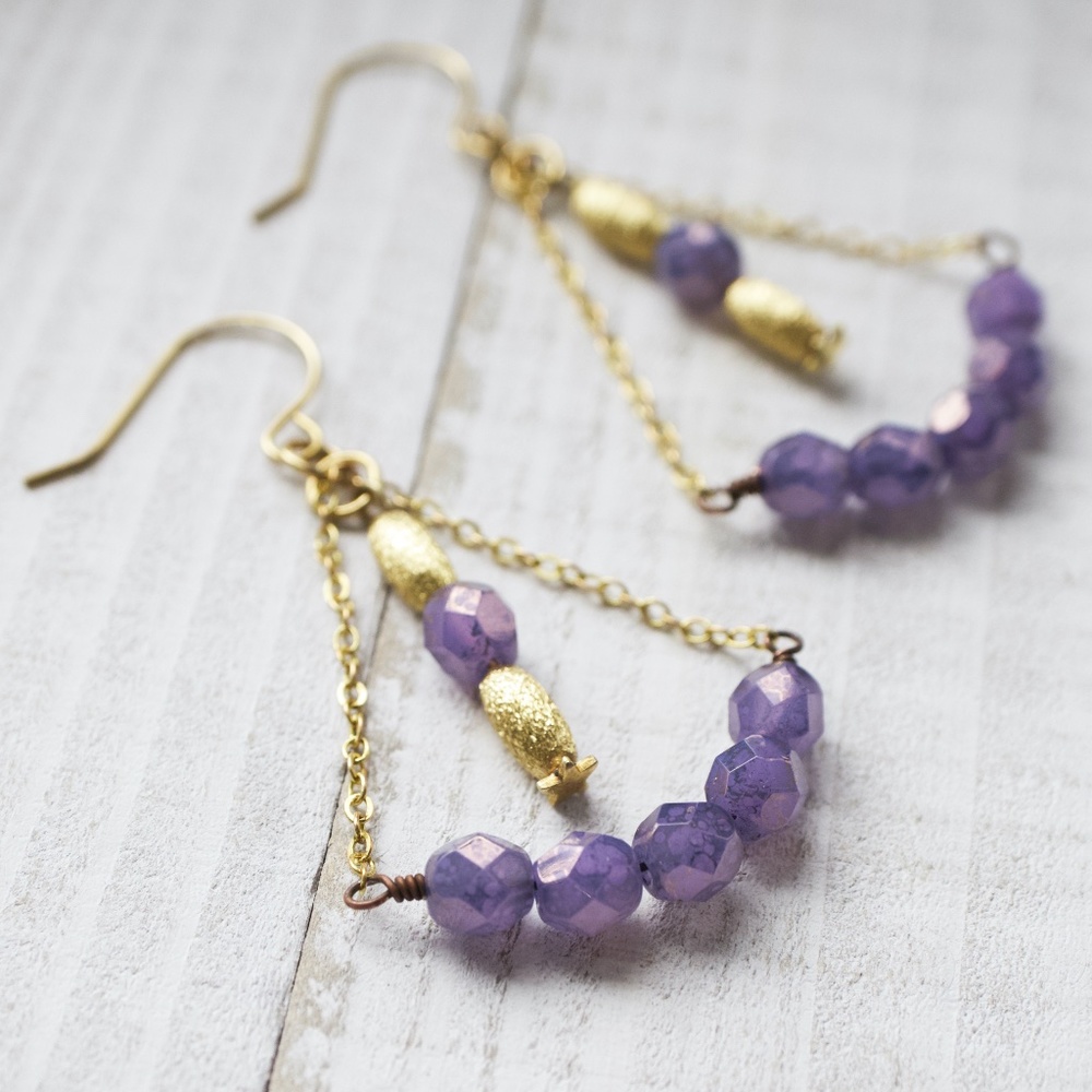 Purple Fire Polished Czech Republic Beaded Earrings - Handmade Artisan Jewelry
